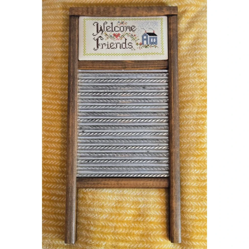 Vtg Columbus Washboard Co Welcome Friends Cross Stitch Wood Metal Cottagecore